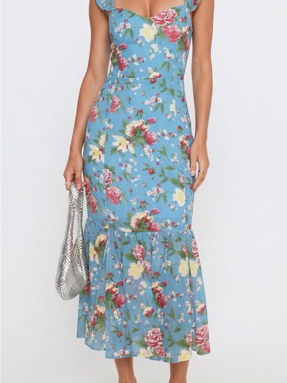Melrose and Market Sky Blue Floral Sweetheart Midi Dress